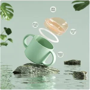 Exploded view of BPA-free silicone baby cup with dual handles and leak-proof seal