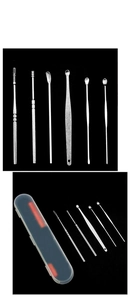 Detailed set of 6 stainless steel ear pick tools with spiral heads and storage case
