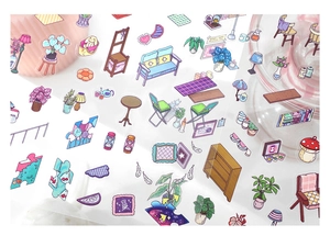Detail of 2.5D miniature scene stickers with colorful furniture and plants for DIY journals