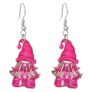 Nahaufnahme von rosa Gnomen-Ohrringen aus Acryl mit symbolischen rosa Schleifen