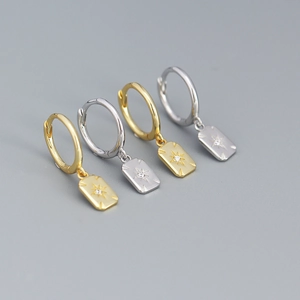 925 Sterling Silver Hoop Earrings Rectangular Starburst Pendant Zircon Inlaid Elegant Fashion Jewelry For Women