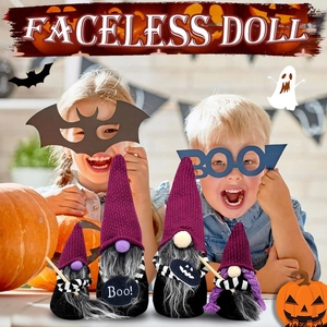 Halloween faceless gnome dolls with magic brooms in purple and black festive theme