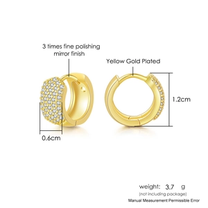Detail of 1.2cm yellow gold plated hoop earrings with five rows of micro-pave zircons