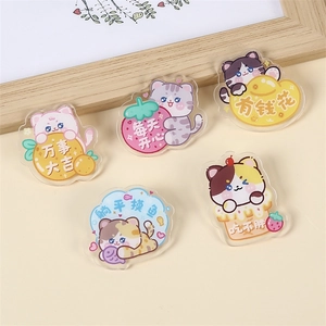 Cute transparent acrylic cartoon cat brooches with inspirational Chinese text charms