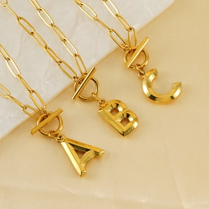Initial Letter Necklace 18K Gold Plated Stainless Steel Paperclip Chain Toggle Clasp Fashion Jewelry For Women