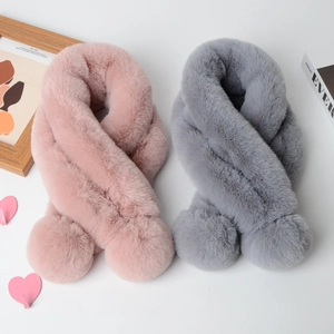 Women Winter Faux Rex Rabbit Fur Scarf Soft Plush Neck Warmer Thick Warm Korean Style With Pom Pom