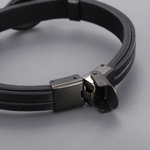 Men's black braided leather infinity bracelet with a matte black metal clasp