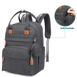Detail of the grey baby bag showing the detachable round pouch and brown leather accents