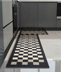 Modern kitchen rugs set with black and beige checkerboard pattern in L-shaped layout