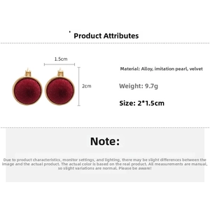 Detailed specs of deep red flocked pearl earrings with gold trim and weight parameters