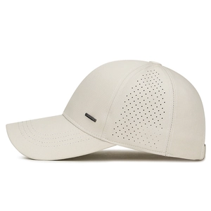 Beige men's quick-dry baseball cap with laser-cut ventilation holes and side metal logo