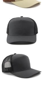 Detail of breathable mesh back and reinforced stitching on the khaki trucker hat