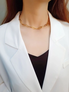 Detailed close-up of a gold paperclip link necklace worn by a model in a white blazer