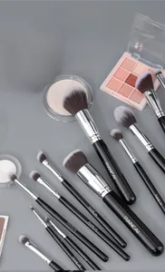 Detail of 12 professional makeup brushes with silver ferrules and black handles