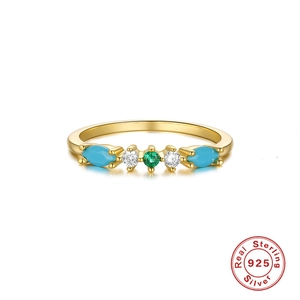 Elegant S925 sterling silver ring with turquoise stones and emerald green zircon inlay
