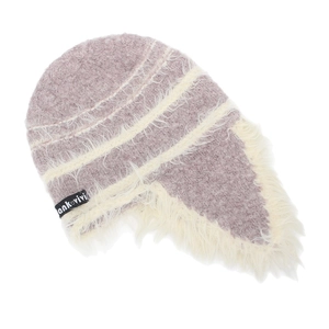 Detail of grey-purple plush knit earflap hat with soft cream trim and logo label