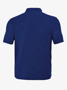 Detail of navy short sleeve shirt showing the intricate knitted texture and breathable fabric