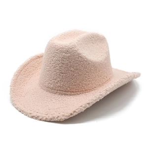Pink faux shearling western cowboy hat with a soft winter texture and classic crown