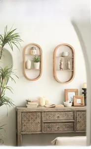Detailed view of woven bamboo oval wall shelves with three tiers for home decor