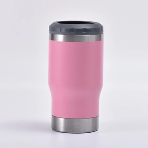 Detailed close-up of a pink 14oz stainless steel beer cooler can with grey silicone top ring