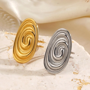 Thick geometric spiral texture oval ring in gold and silver finish for women