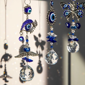 Evil Eye Crystal Suncatcher Hanging Prism Rainbow Maker Blue Glass Metal Butterfly Wings For Window Garden Home Decor