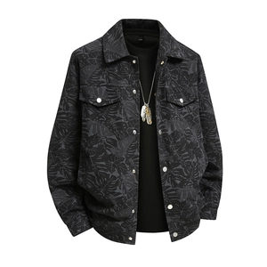 Men's fashion casual jacket with tropical leaf print and classic lapel collar design