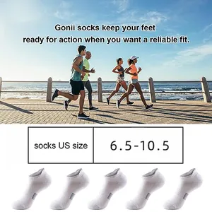 Size chart for athletic socks showing US sizes 6.5 to 10.5 with five pairs of white socks