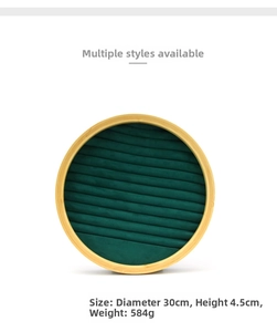 Bamboo and green velvet jewelry tray detail with dimensions 30cm diameter and 4.5cm height
