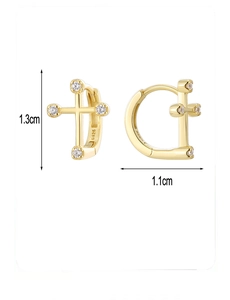 Detail showing dimensions of 14K gold-plated S925 silver cross earrings with zircons