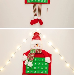 Detail of fabric snowman advent calendar with numbered pockets for Christmas countdown