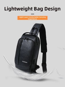 Detail of waterproof leather sling bag with USB port and dual zipper closure