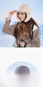 Detail of warm winter trapper hat with windproof ear flaps and adjustable chin buckle