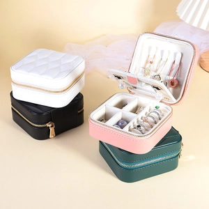 Portable PU leather jewelry organizer box with mirror for rings and necklaces in four colors