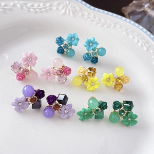 Sweet Flower Cluster Stud Earrings With Resin Petals Artificial Crystals Rhinestones And Silver Earring Post For Women