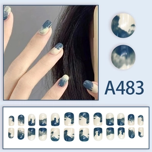 Detailed view of A483 blue and beige marble texture short square press-on nails 24pcs