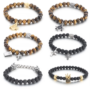 Herren Perlenarmbänder Natürliches Tigerauge Schwarzer Achat Lavastein Metall Kreuz Krone Drachen Charms Vintage Punk Schmuck