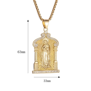Polished 18K gold plated Saint Mary pendant necklace with rhinestones and box chain