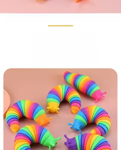 Detailed view of rainbow-colored flexible joints on this sensory slug fidget toy