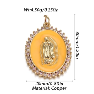 Detail of Virgin Mary pendant with pink stone inlay and copper dimensions on white backdrop
