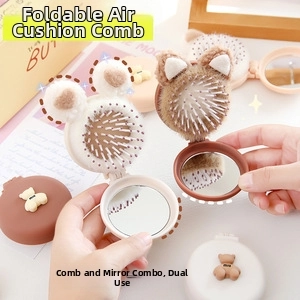 Portable folding hairbrush with mirror and cute 3D bear design in beige and brown