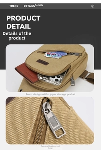 Detail of khaki canvas chest bag showing front zipper pocket and metal slider