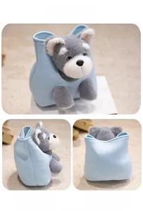 Detail shots showing the front, side, and back of plush schnauzer toy in a light blue bag