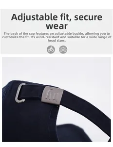 Détail de la boucle métallique réglable sur une casquette en sergé de coton bleu marine