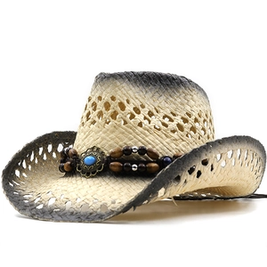 Western Cowboy Hat Handmade Straw Hollow Breathable Sun Hat For Men Women Vintage Bead Turquoise Band Summer Beach Travel