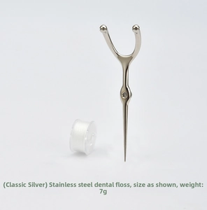 Detail view of a portable stainless steel Y-shaped floss pick and white dental thread tool