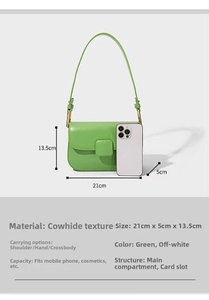 Detailed size specifications for the green crossbody bag with square metal buckle