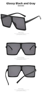Three-angle views of oversized square sunglasses in bright black frame with grey lenses