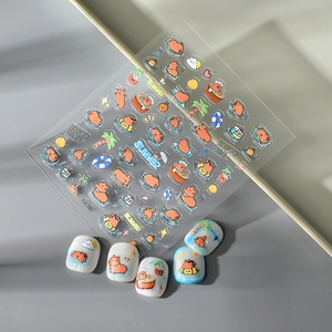 5D embossed capybara nail stickers with summer coconut tree and swim ring motifs