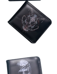 Detailed view of black bifold wallet featuring artistic skull pattern prints for men